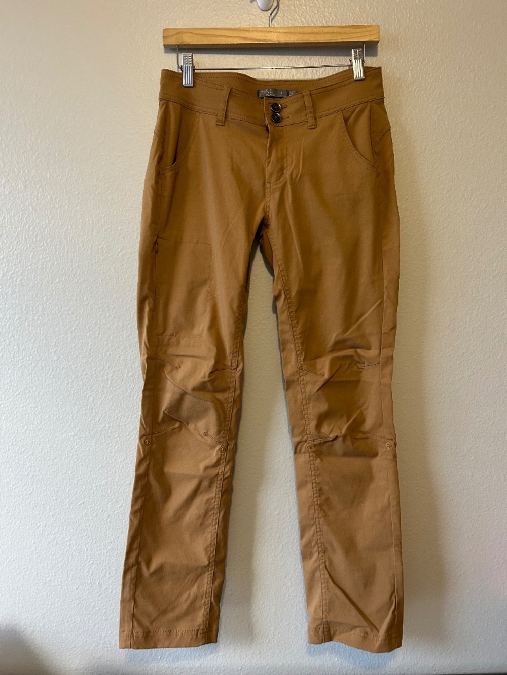 Prana tan straight hiking pants with adjustable length, size 4